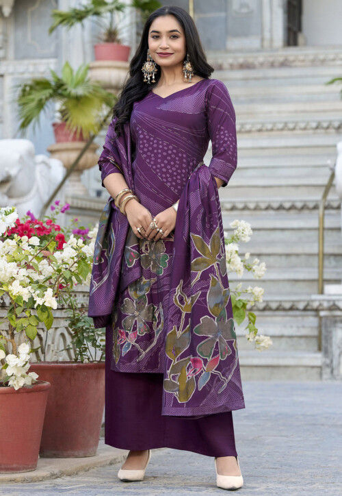 Digital Printed Art Silk Pakistani Suit in Wine