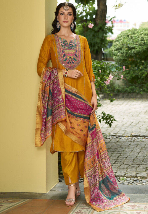 Digital Printed Art Silk Pakistani suit in Yellow
