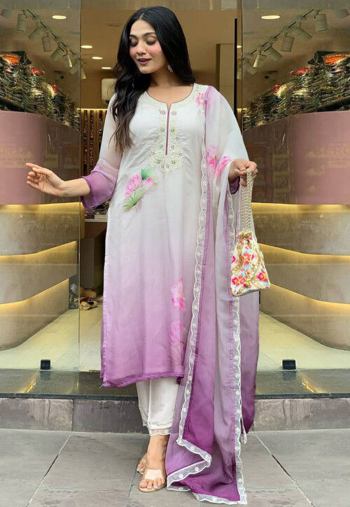 Digital Printed Art Silk Pakistani Suit in Off White and Purple