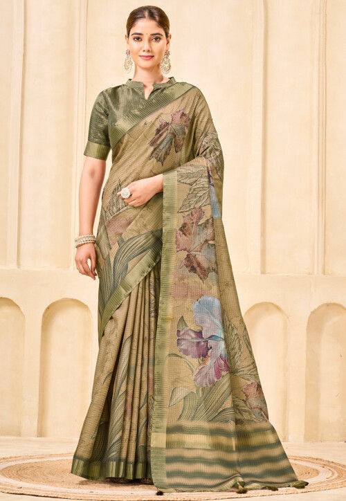 Digital Printed Art Silk Saree in Beige