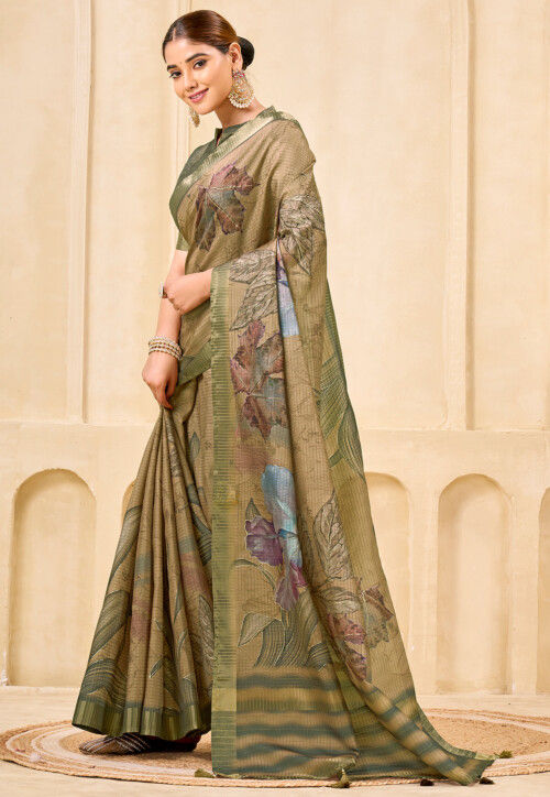 Digital Printed Art Silk Saree in Beige