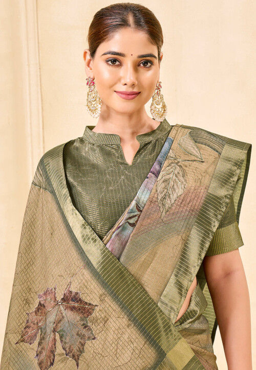 Digital Printed Art Silk Saree in Beige