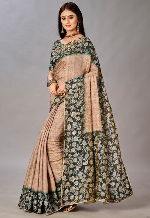 Digital Printed Art Silk Saree in Beige