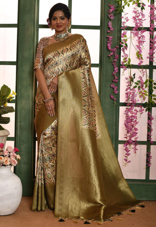 Digital Printed Art Silk Saree in Beige