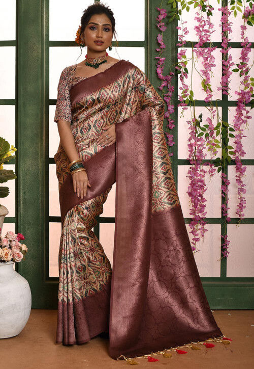 Digital Printed Art Silk Saree in Beige