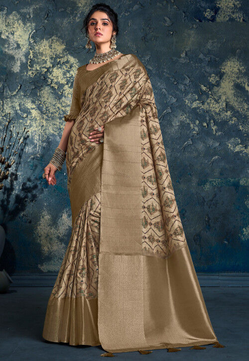 Digital Printed Art Silk Saree in Beige