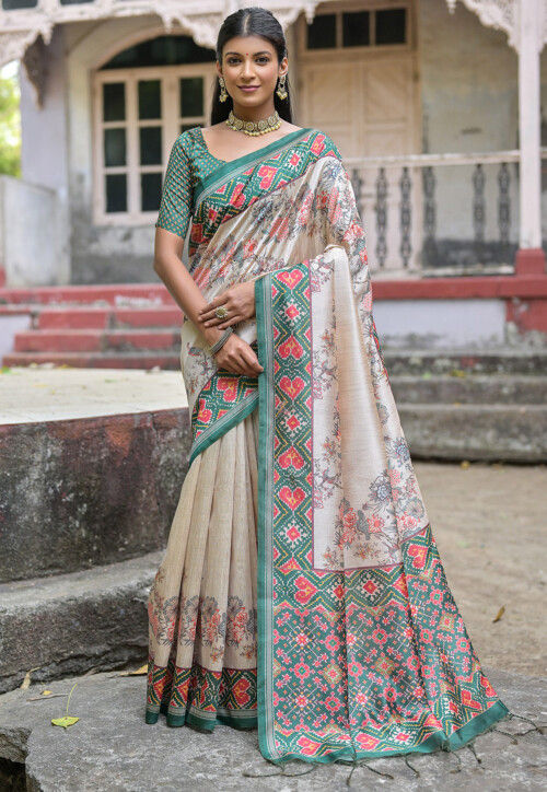 Digital Printed Art Silk Saree in Beige