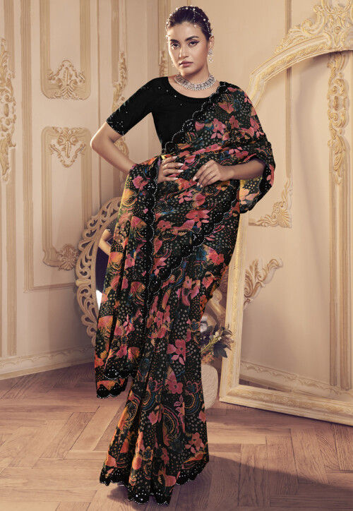 Digital Printed Art Silk Saree in Black