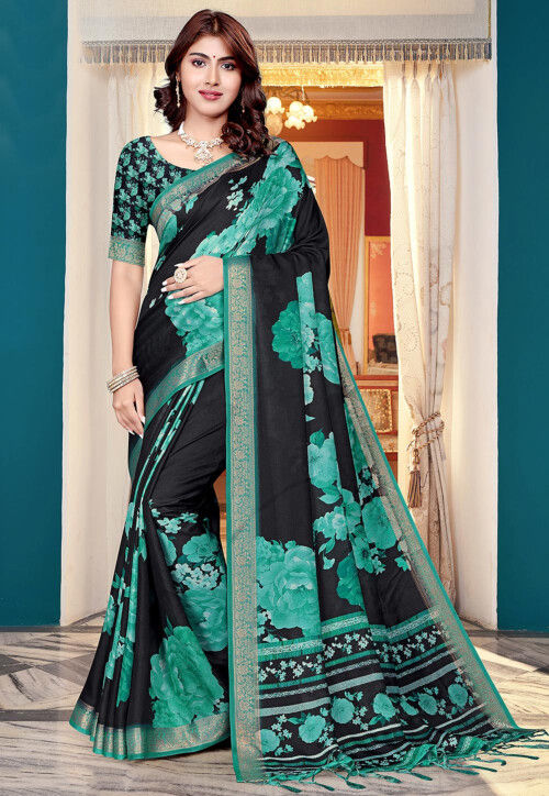 Digital Printed Art Silk Saree in Black