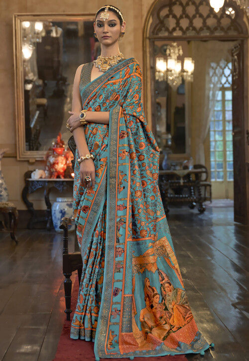 Digital Printed Art Silk Saree in Blue