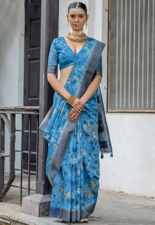 Digital Printed Art Silk Saree in Blue