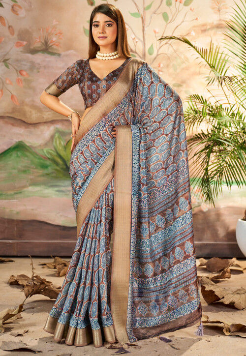 Digital Printed Art Silk Saree in Brown and Teal Blue