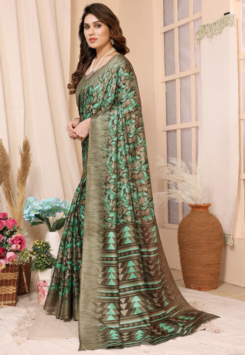 Digital Printed Art Silk Saree in Brown