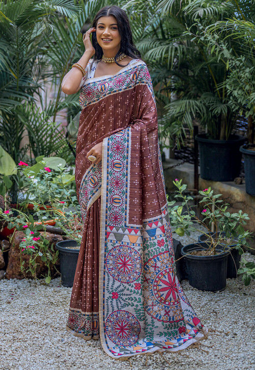 Digital Printed Art Silk Saree in Brown
