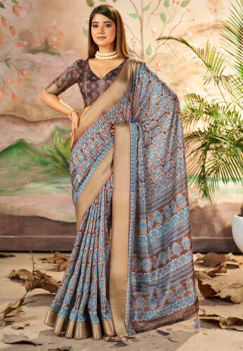 Digital Printed Art Silk Saree in Brown