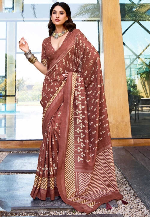 Digital Printed Art Silk Saree in Brown