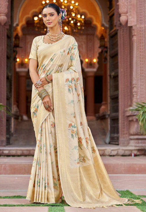 Digital Printed Art Silk Saree in Cream