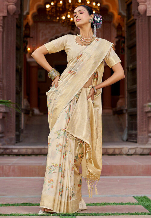 Digital Printed Art Silk Saree in Cream