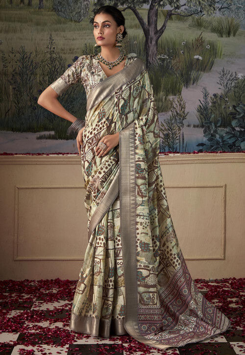 Digital Printed Art Silk Saree in Cream