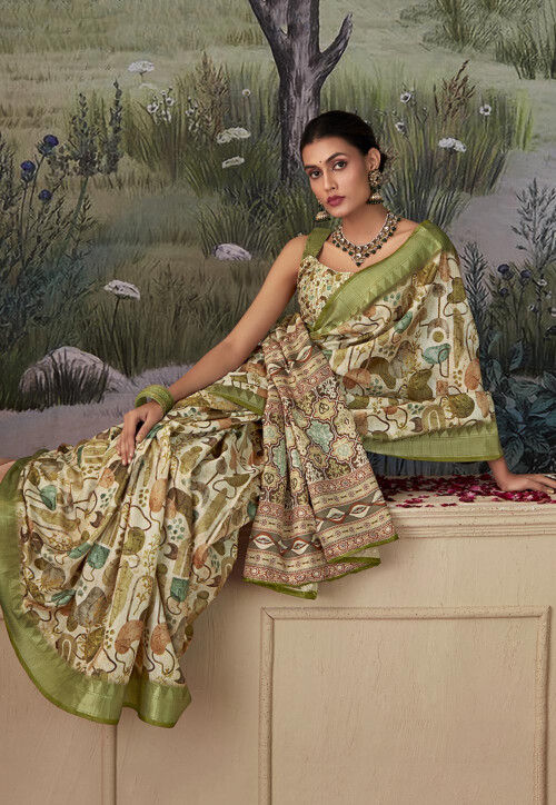 Digital Printed Art Silk Saree in Cream