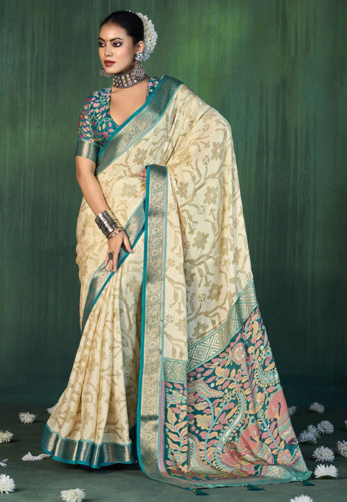 Digital Printed Art Silk Saree in Cream