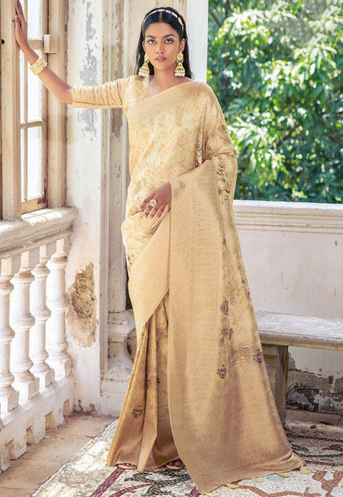 Digital Printed Art Silk Saree in Cream