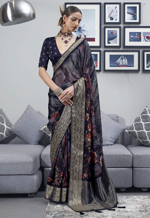 Digital Printed Art Silk Saree in Dark Blue