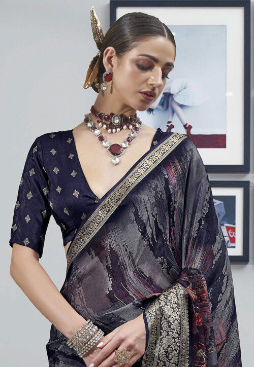 Digital Printed Art Silk Saree in Dark Blue