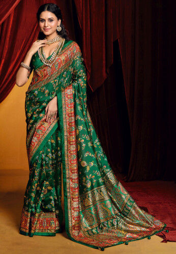 Digital Printed Art Silk Saree in Dark Green