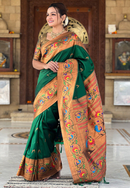 Digital Printed Art Silk Saree in Dark Green