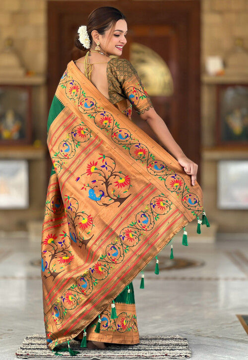 Digital Printed Art Silk Saree in Dark Green