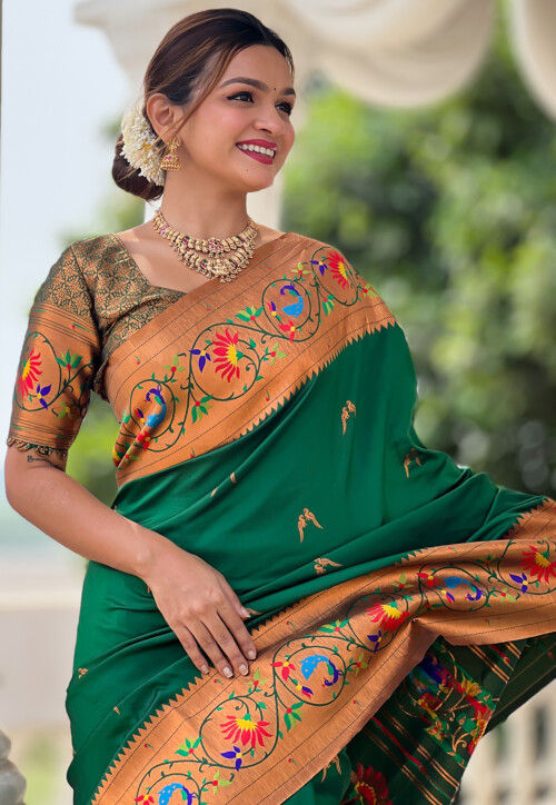 Digital Printed Art Silk Saree in Dark Green