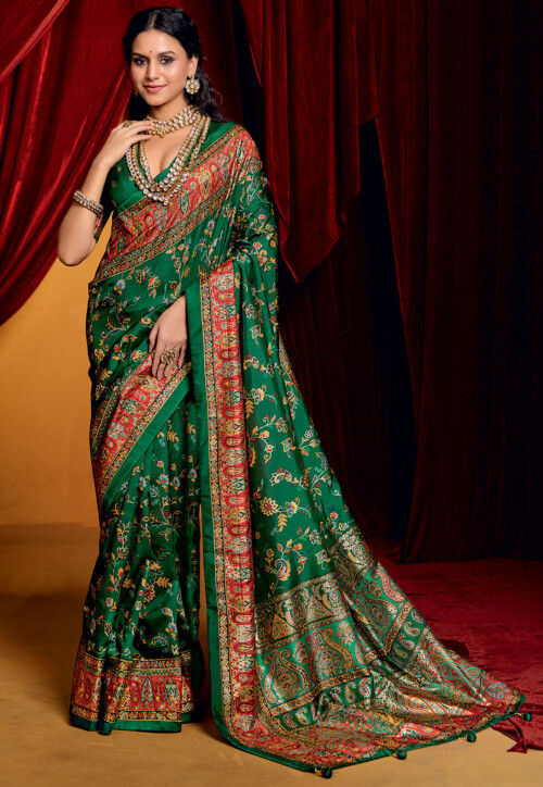 Digital Printed Art Silk Saree in Dark Green