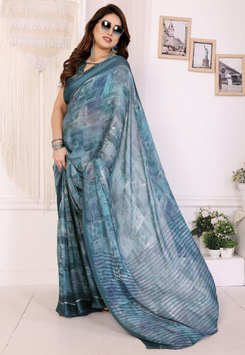 Digital Printed Art Silk Saree in Dark Teal Blue