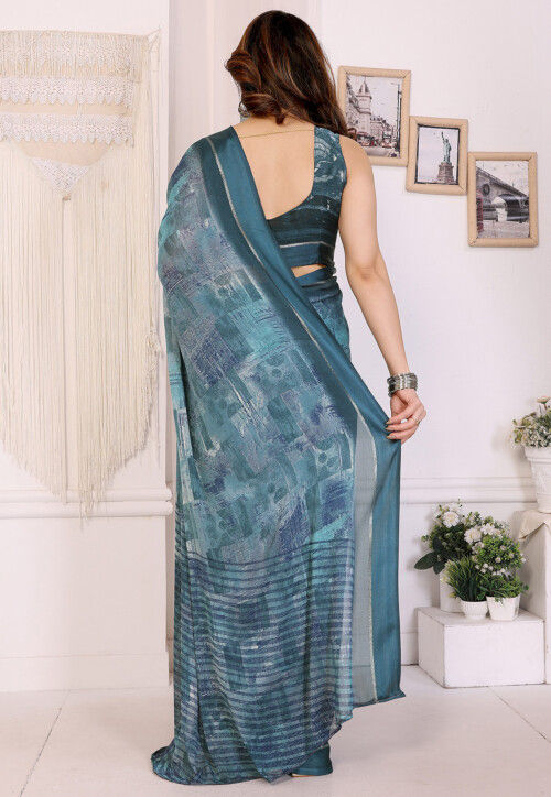 Digital Printed Art Silk Saree in Dark Teal Blue