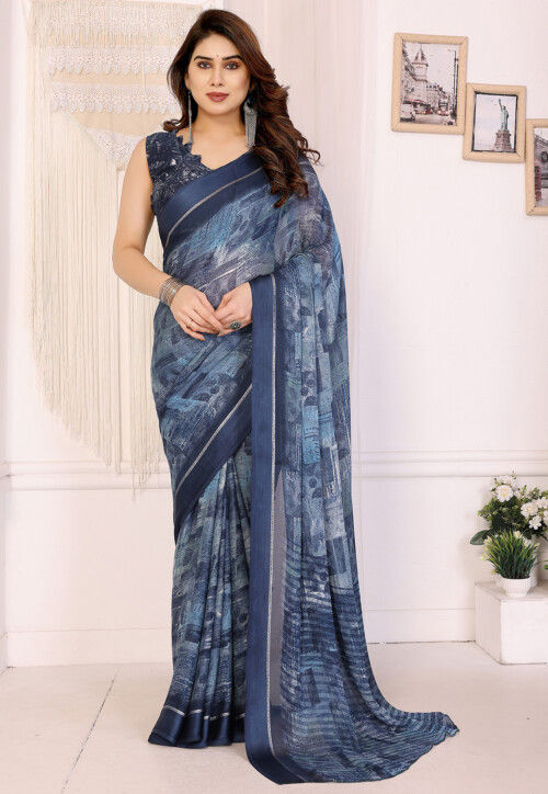 Digital Printed Art Silk Saree in Dusty Blue