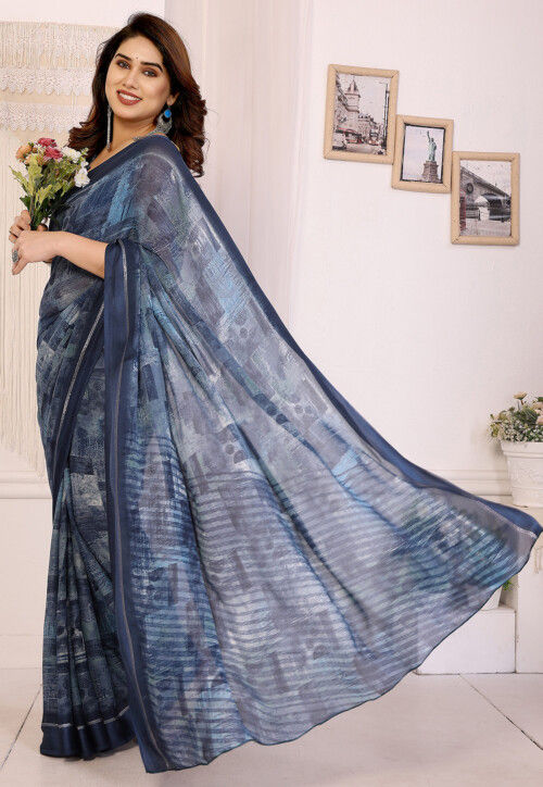 Digital Printed Art Silk Saree in Dusty Blue