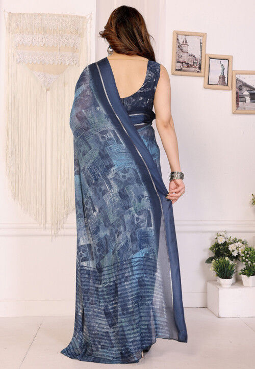 Digital Printed Art Silk Saree in Dusty Blue