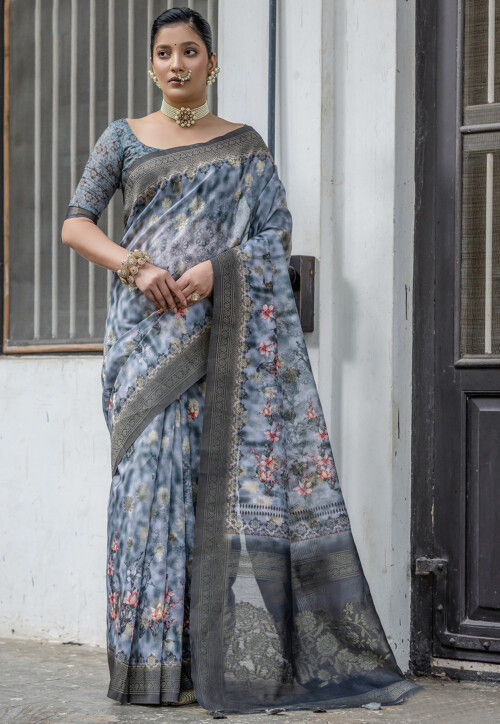 Digital Printed Art Silk Saree in Dusty Blue