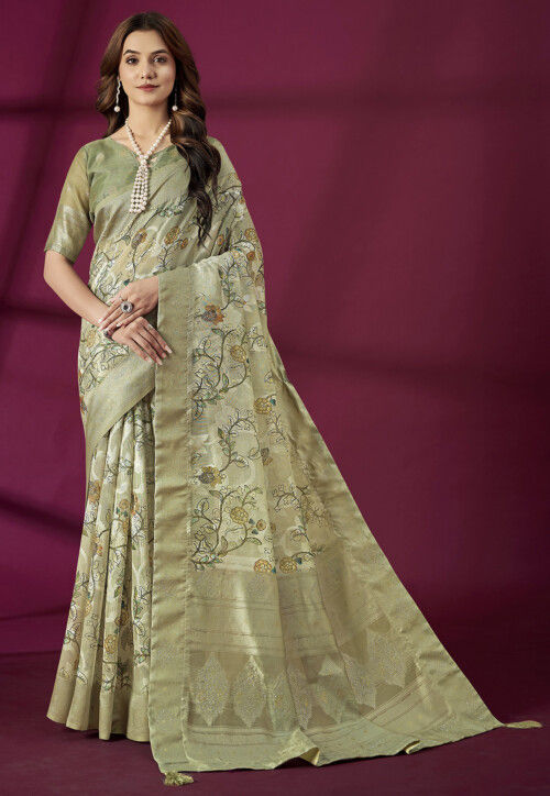 Digital Printed Art Silk Saree in Dusty Green