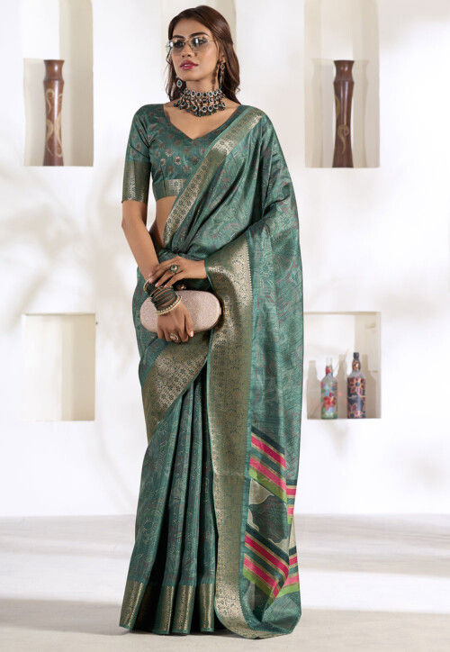 Digital Printed Art Silk Saree in Dusty Green