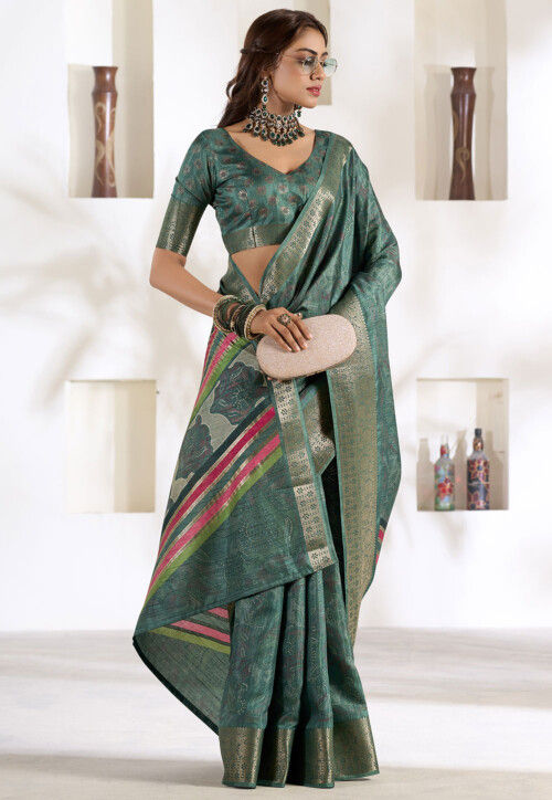 Digital Printed Art Silk Saree in Dusty Green
