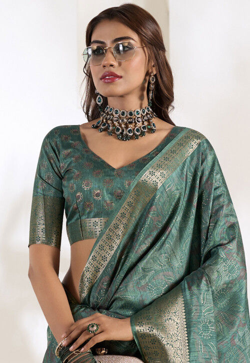 Digital Printed Art Silk Saree in Dusty Green