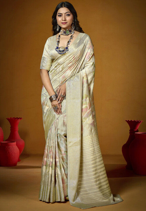 Digital Printed Art Silk Saree in Dusty Green