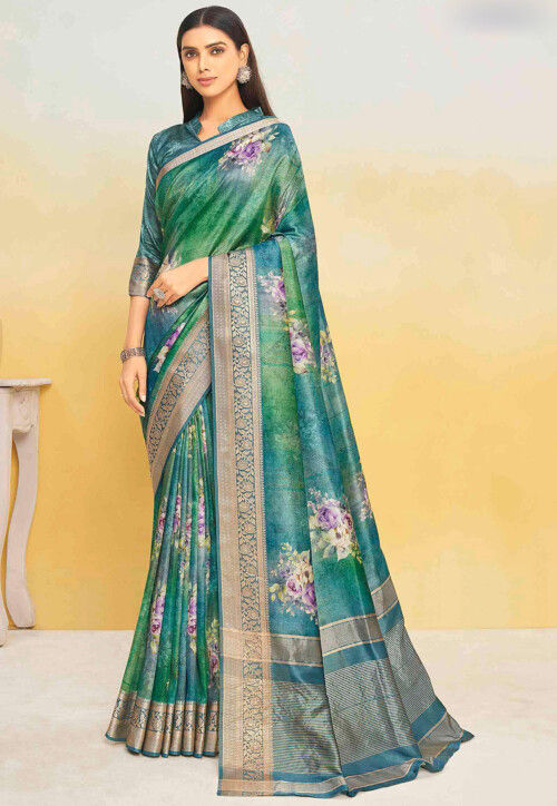 Digital Printed Art Silk Saree in Green