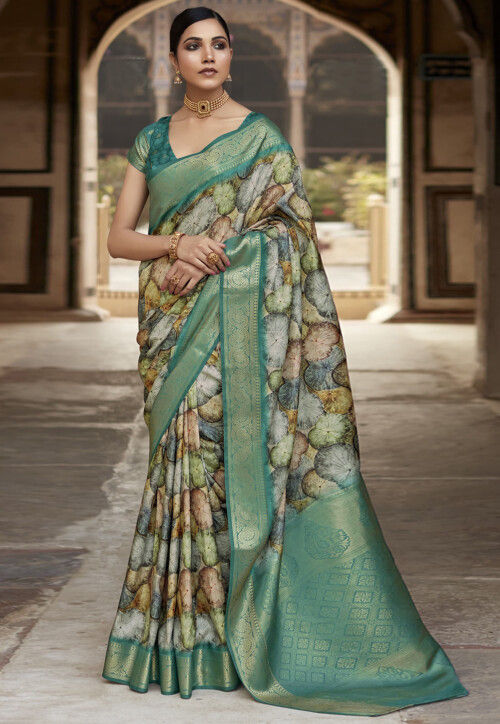 Digital Printed Art Silk Saree in Green