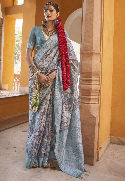 Digital Printed Art Silk Saree in Grey