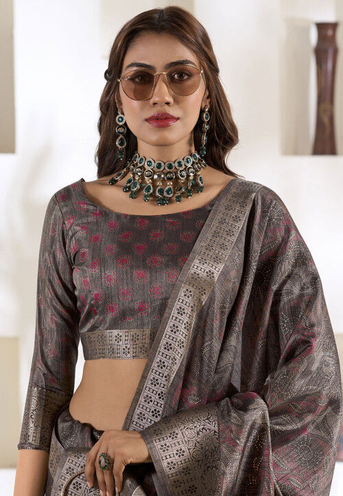 Digital Printed Art Silk Saree in Grey