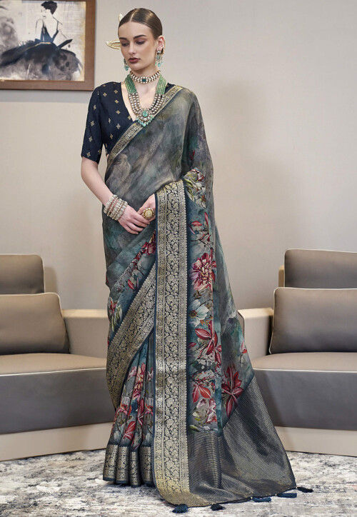 Digital Printed Art Silk Saree in Grey