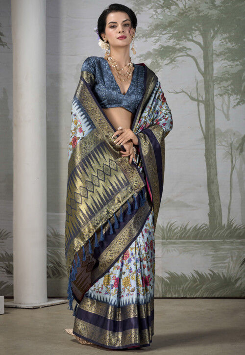 Digital Printed Art Silk Saree in Light Blue